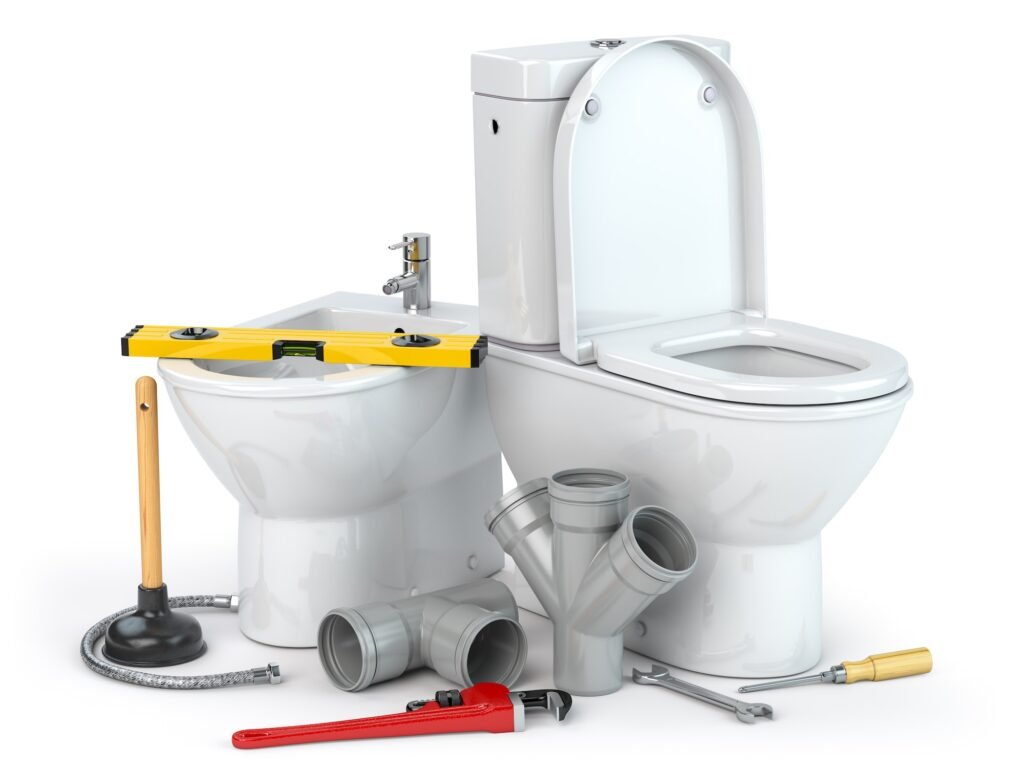 Plumbing repair service. Bowl and bidet with plumbing tools for